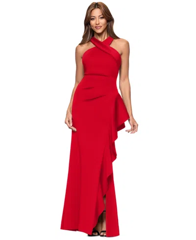 Xscape Women's Crisscross Halter Side-ruffled Gown In Red
