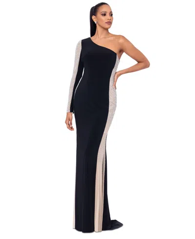 Xscape Women's Embellished One-shoulder Gown In Black,nude,silver