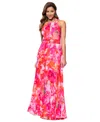 Xscape Women's Printed Pleated Sleeveless Halter-neck Gown In Red,pink