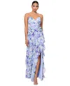 Xscape Floral Ruched Ruffle Gown In Peri,green