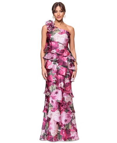 Xscape Women's Floral-print Tiered One-shoulder Gown In Wine Multi
