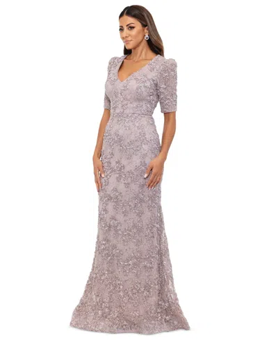 Xscape Women's Floral Soutache Sequin Puff-sleeve Lace Gown In Taupe