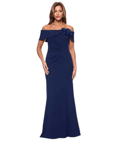 Xscape Women's Floral-trim Off-the-shoulder Gown In Navy