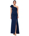 Xscape Petite Ruffled One-shoulder Side-slit Gown In Midnight