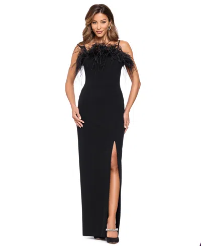 Xscape Women's Formal Feather-trim Spaghetti-strap Gown In Black