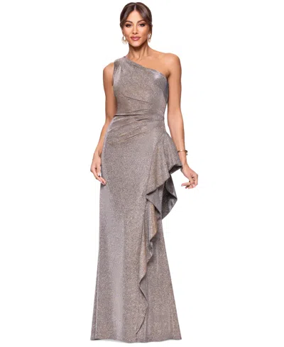 Xscape Women's Glitter Knit One-shoulder Gown In Sand