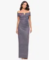 Xscape Women's Glitter Off-the-shoulder Long Sheath Dress In Gray