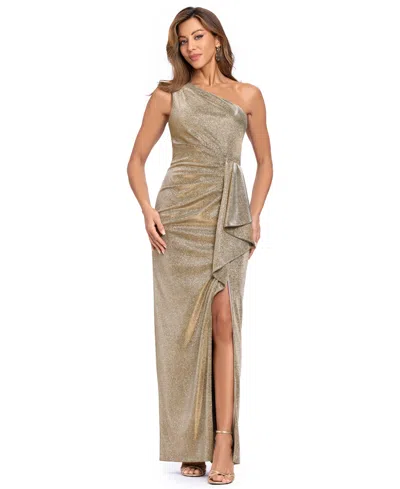 Xscape Women's Glitter One-shoulder Front-slit Gown In Sand
