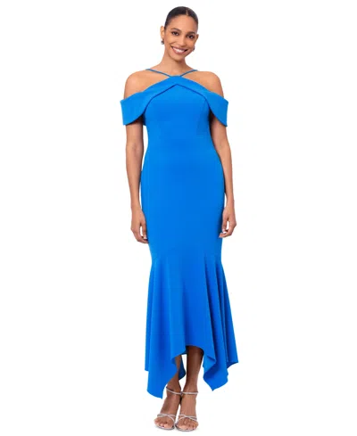 Xscape Women's Halter Handkerchief-hem Scuba Dress In Blue