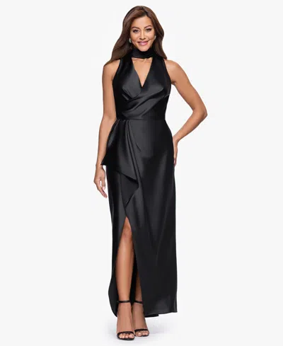 Xscape Women's Halter Neck Cutout Sleeveless Satin Dress In Black