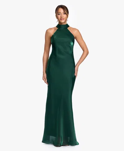 Xscape Women's Halter Neck Metallic Organza Ball Gown In Green
