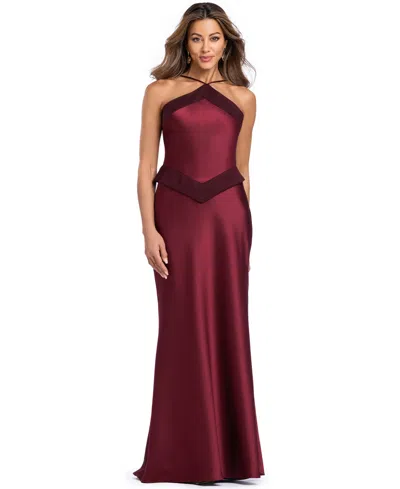 Xscape Women's Halter Satin Peplum Gown In Wine