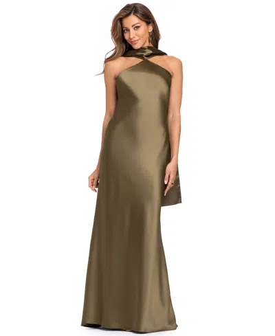 Xscape Women's Halter Satin Scarf-detail Dress In Dark Olive