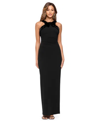 Xscape Women's Halter Velvet Bow Gown In Black