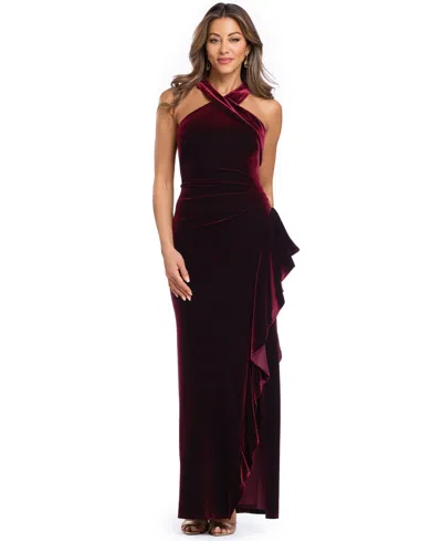 Xscape Women's Halter Velvet Side-ruffle Gown In Burgundy