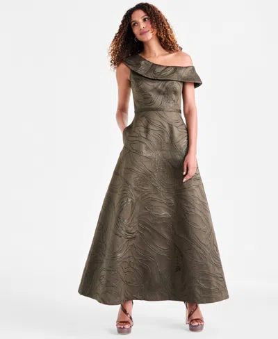 Xscape Women's Jacquard One-shoulder Long Dress In Green