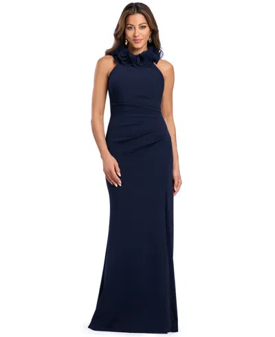 Xscape Women's Jessica Halter Ruffled-collar Ruched Side-slit Gown In Navy