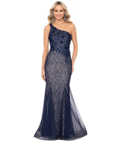 Xscape Women's Lace Mesh One-shoulder Gown In Navy,champagne