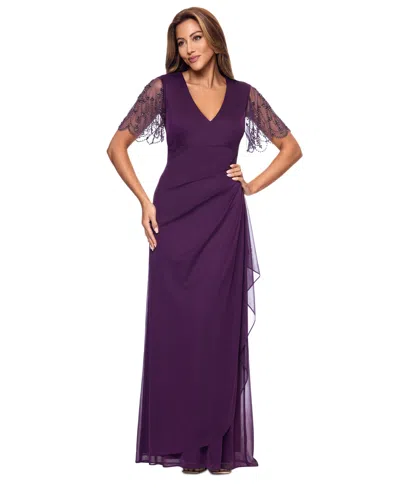 Xscape Women's Lace-sleeve Gown In Plum,gunmetal