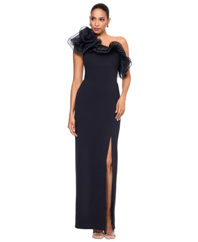 Xscape Women's Layered Rosette-trim One-shoulder Gown In Black