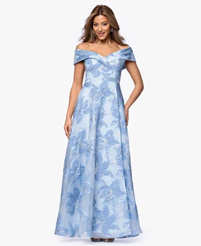 Xscape Women's Long Jacquard Printed Off-the-shoulder Ball Gown In Blue