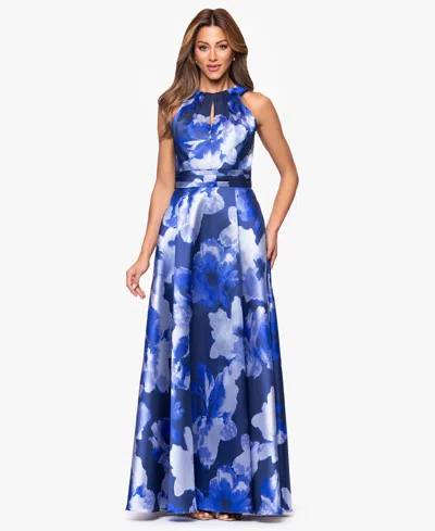 Xscape Women's Long Printed Halter Neck Ball Gown In Blue