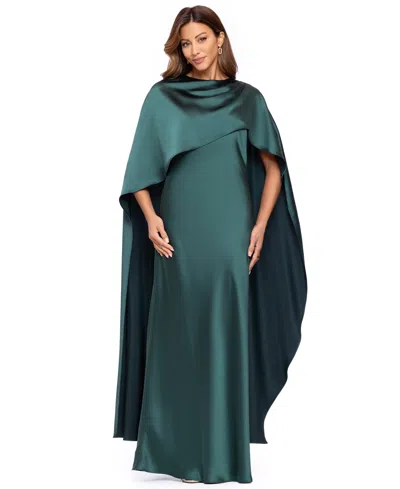 Xscape Women's Long Satin Boat Neck Dress In Hunter