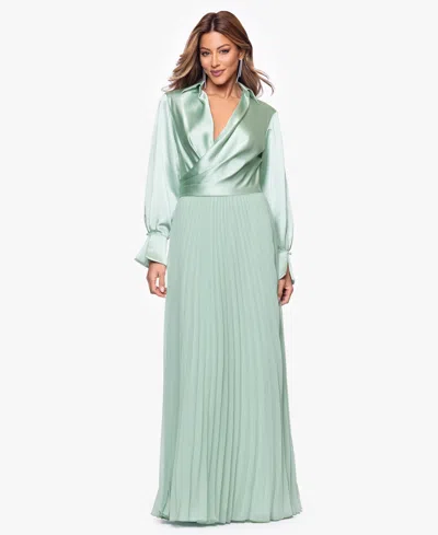 Xscape Women's Long Satin Long-sleeves Collared Ball Gown In Green