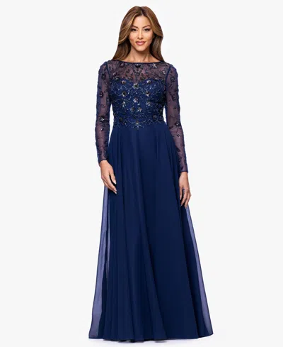 Xscape Women's Long-sleeve Boat Neck Gown In Blue