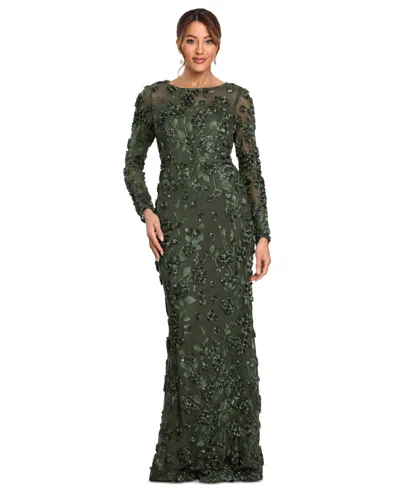 Xscape Women's Long Sleeve Rose Flower Dress In Black