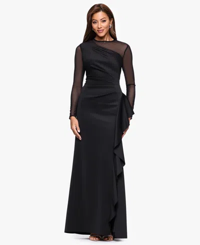Xscape Women's Long Sleeve Scuba Power Mesh Dress In Black