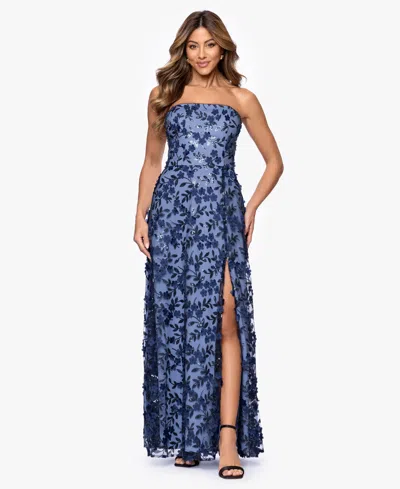 Xscape Women's Long Strapless 3d Flower Ball Gown In Blue