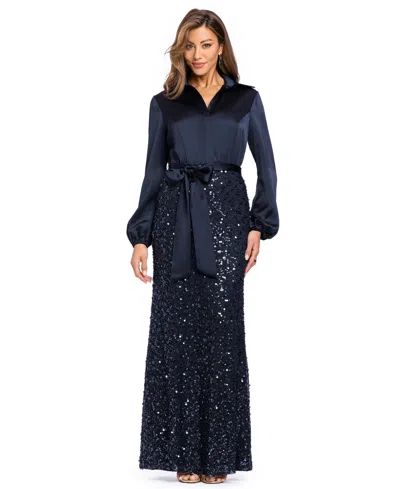 Xscape Women's Long-sleeve Sequin Gown In Navy,navy