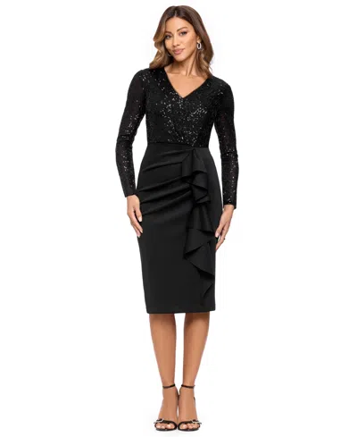 Xscape Women's Long-sleeve Sequin V-neck Midi Dress In Black