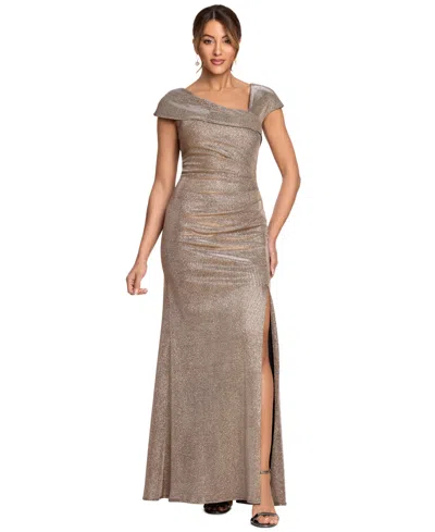 Xscape Womens Metallic Asymmetrical Neckline Sleeveless Gown In Gold