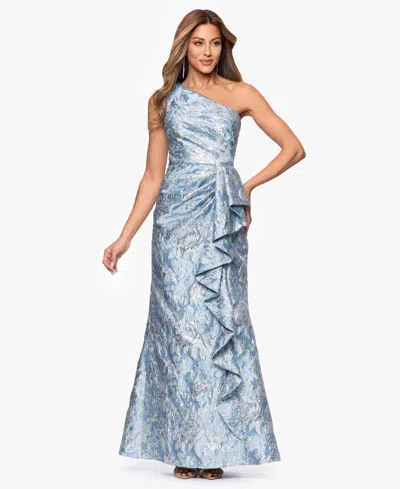 Xscape Women's Metallic Jacquard One-shoulder Gown In Blue