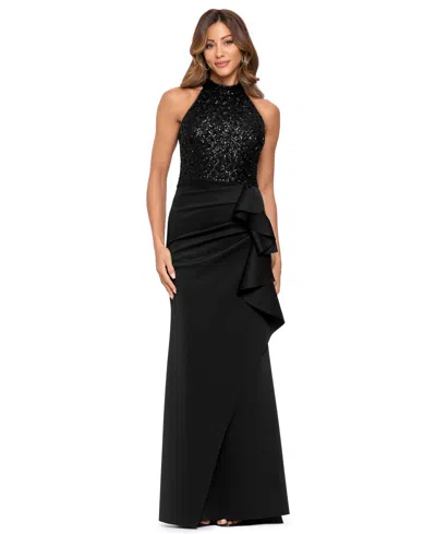 Xscape Women's Mock Neck Sequin Ruffle Gown In Black