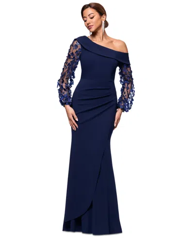 Xscape Women's Off-the-shoulder Floral-sleeve Scuba Crepe Gown In Navy