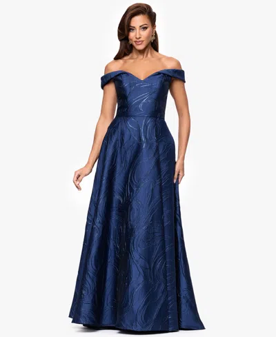 Xscape Women's Off-the-shoulder Metallic Ball Gown In Blue