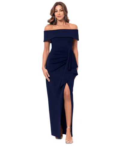 Xscape Women's Off-the-shoulder Ruched Side-slit Gown In Navy