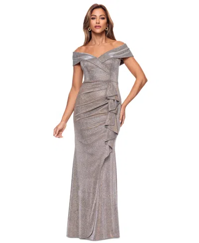Xscape Women's Off-the-shoulder Ruffled Glitter Gown In Sand
