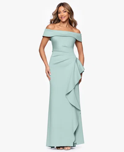 Xscape Women's Off-the-shoulder Ruffled Side-slit Gown In Blue
