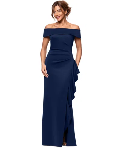 Xscape Women's Off-the-shoulder Ruffled Side-slit Gown In Midnight