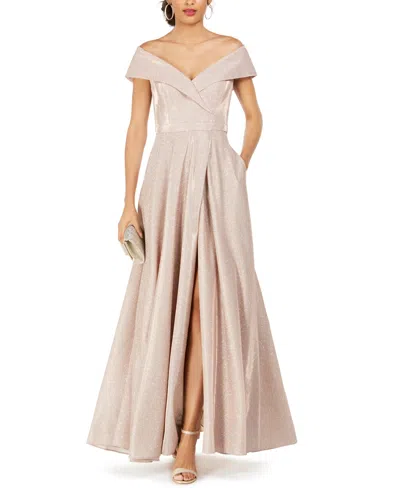 Xscape Petites Womens Padded Bust Metallic Evening Dress In Neutral