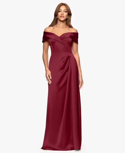 Xscape Women's Off-the-shoulder Short Sleeve Satin Long Dress In Burgundy