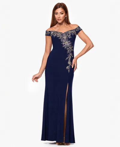 Xscape Women's Off-the-shoulder Side Slit Ball Gown In Blue