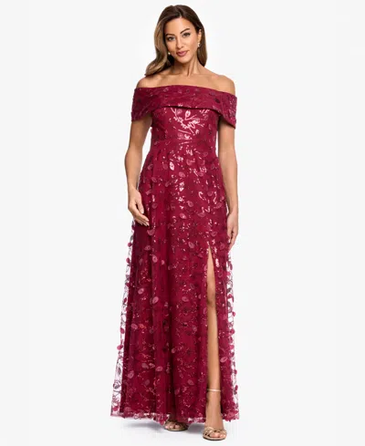 Xscape Women's Off-the-shoulder 3d Embroidered Mesh Ball Gown In Animal Print