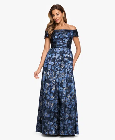 Xscape Women's Off-the-shoulder Brocade Ball Gown In Blue
