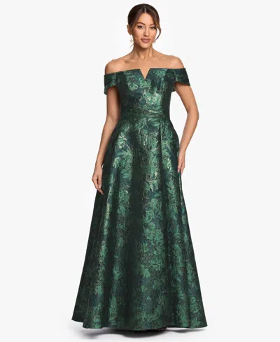 Xscape Women's Off-the-shoulder Brocade Print Ball Gown In Brown