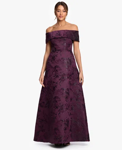 Xscape Women's Off-the-shoulder Brocade Print Ball Gown In Purple